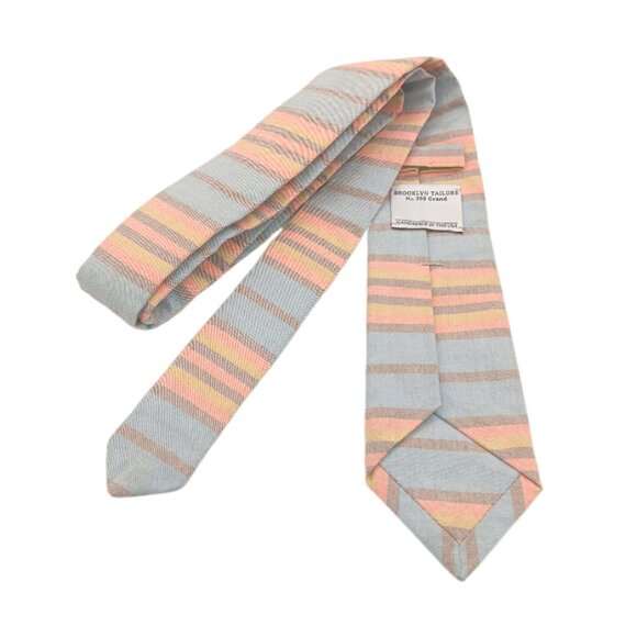 Brooklyn Tailors Cotton Tie Men’s 54.25” Blue Taupe Horizontal Stripe Skinny New - Picture 3 of 4